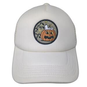 RSQ Peanuts Snoopy Pumpkin Halloween Trucker Hat Beige Snapback OS Embroidered